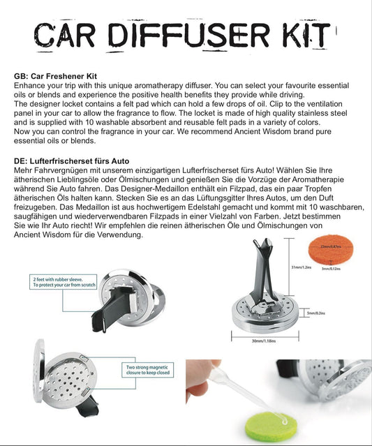 Car Diffuser Kit - Pewter Yoga Chakra - 30mm Aromatherapy Car Diffuser Kit - Bath Indulgence