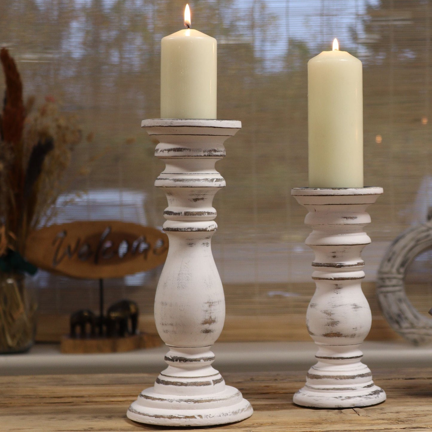 Classic Candle Stand - Whitewash - Small Mango Wood Candle Stands - Bath Indulgence