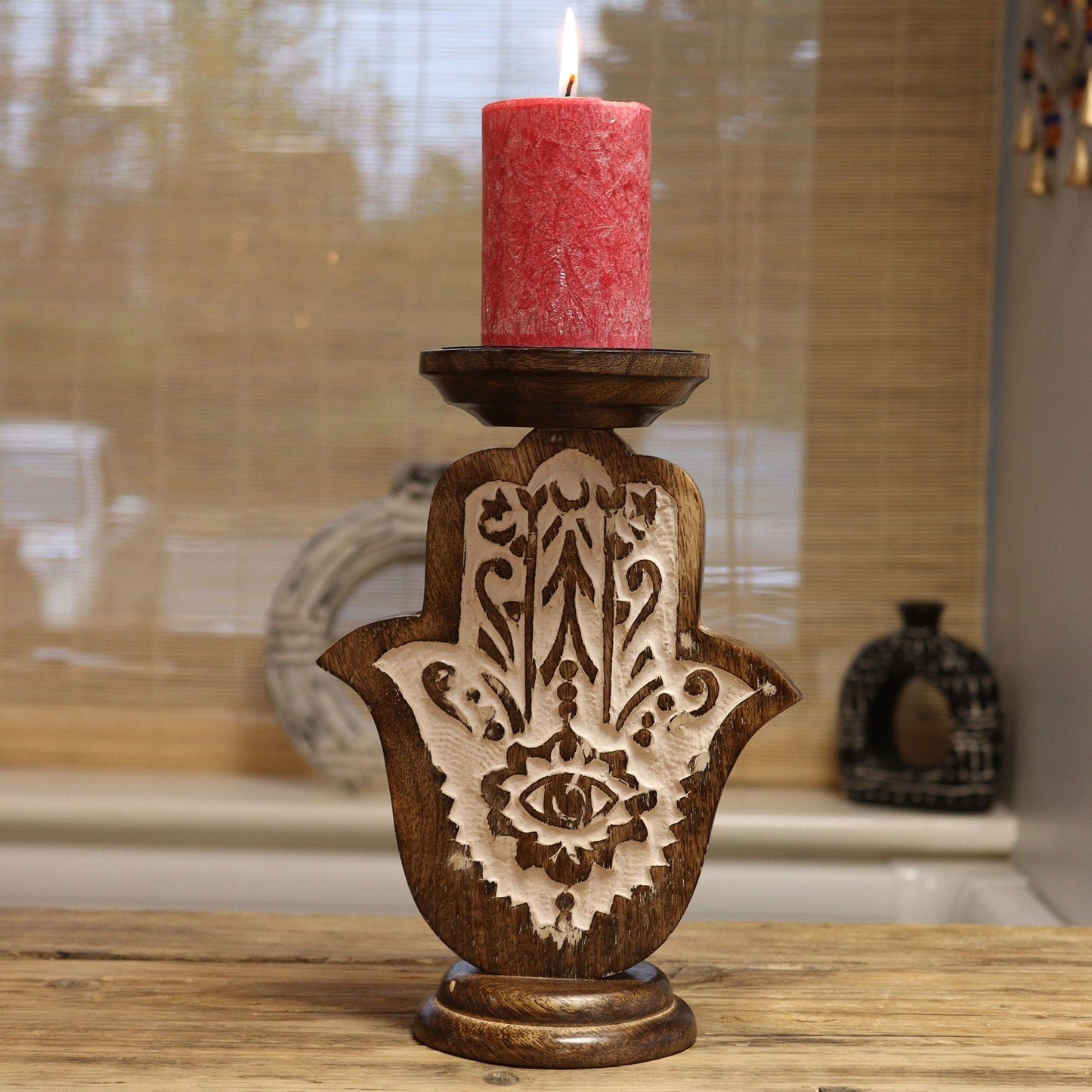Mango Wood Candle Stand - Hamsa - Small Mango Wood Candle Stands - Bath Indulgence