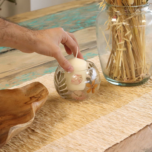 Natural Floral Glass - Bowl Candle Holder - Primavera - (8x10cm) Natural Floral Glass Candle Holders - Bath Indulgence