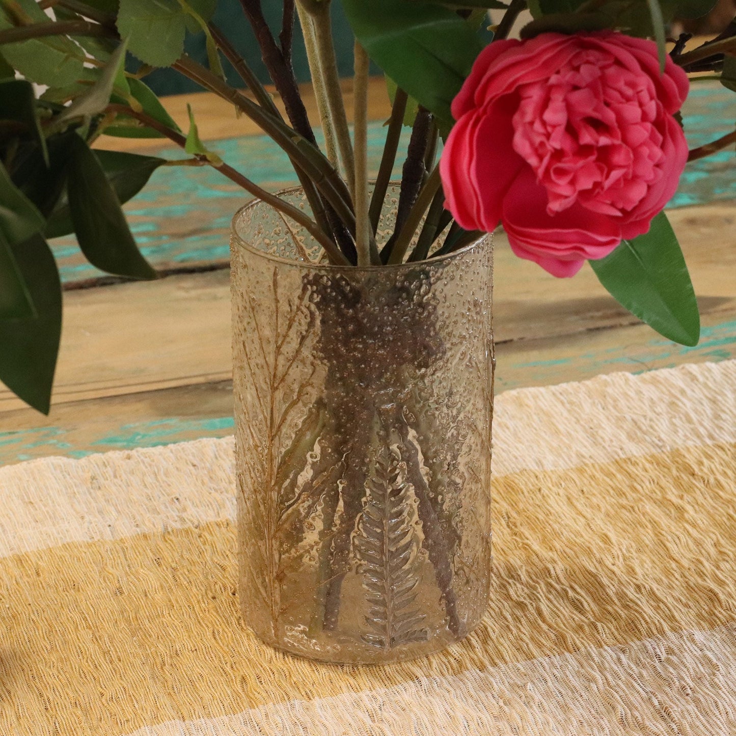 Natural Floral Glass - Tall Vase Candle Holder - Pino - (19x11cm) Natural Floral Glass Candle Holders - Bath Indulgence