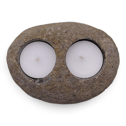 Natural Riverstone Candle Holder - Double Nightlight Riverside Stone Candle Holders - Bath Indulgence