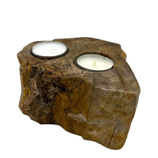 Petrified Wood Candle Holder - Double Petrified Wood Candle Holder - Bath Indulgence