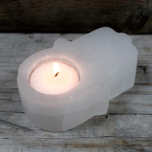 Selenite Hamsa Candle Holder Selenite Candle Holders - Bath Indulgence