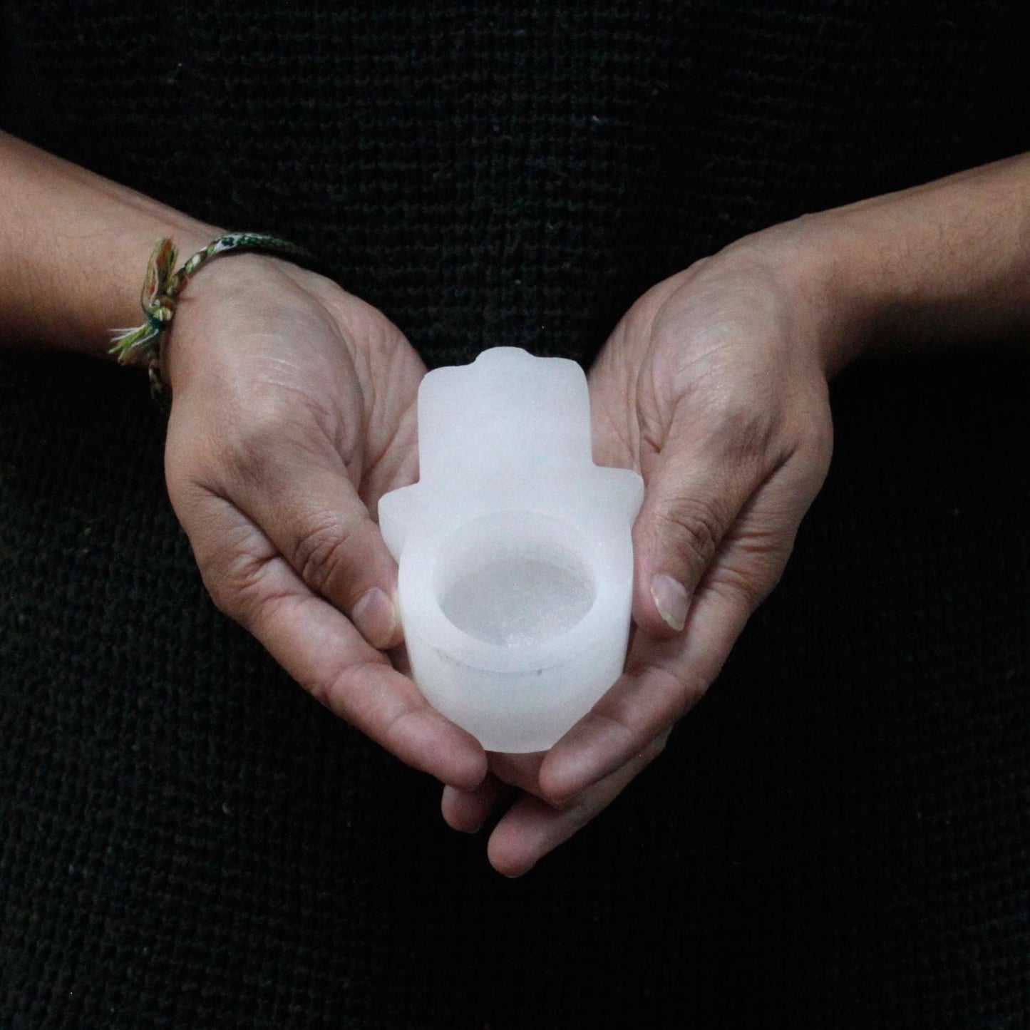 Selenite Hamsa Candle Holder Selenite Candle Holders - Bath Indulgence