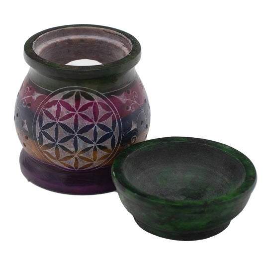 Soapstone Oil Burner 10cm - Flower of Life - Five Colours Soapstone Oil Burners - Bath Indulgence