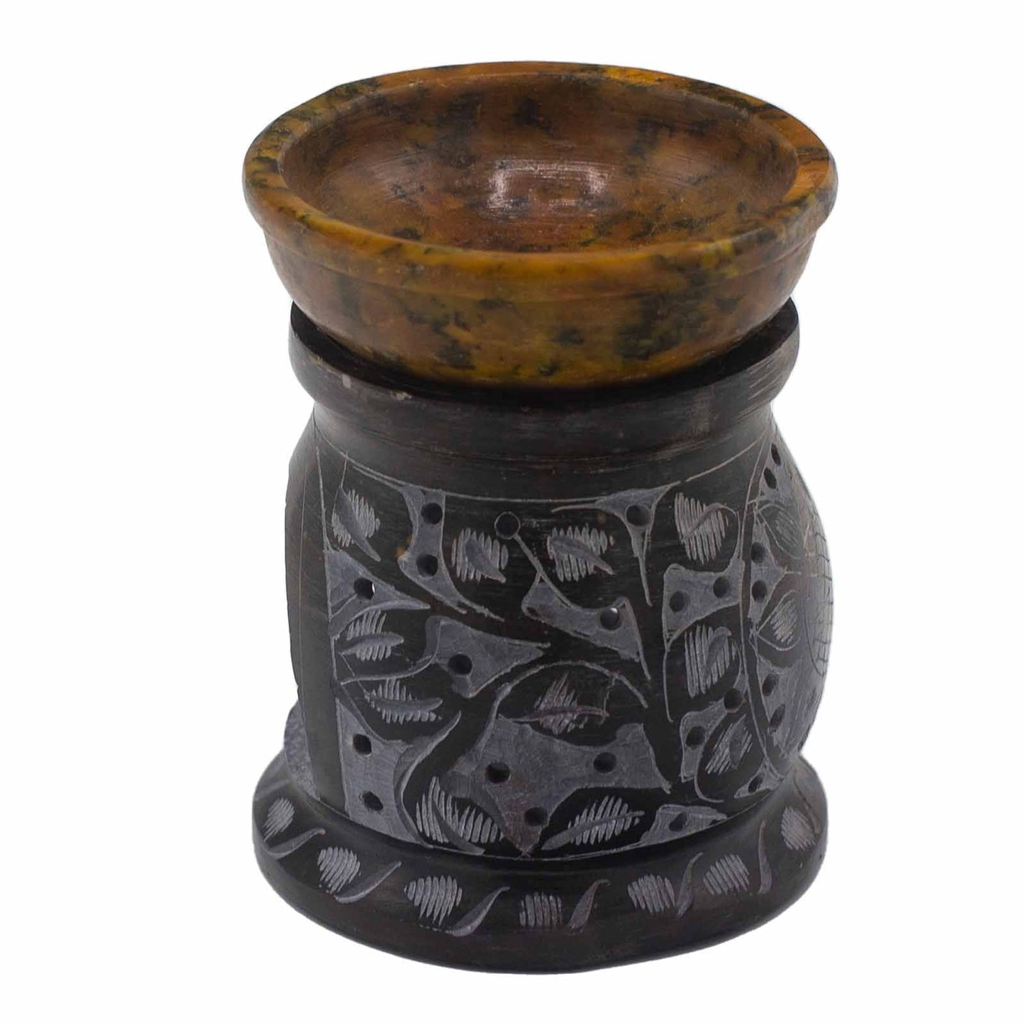 Soapstone Oil Burner 10cm - Mandala Flower - Black & Yellow Soapstone Oil Burners - Bath Indulgence