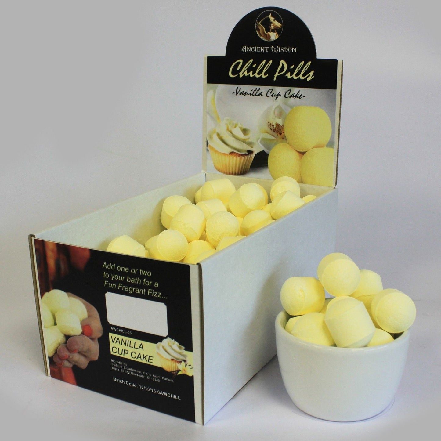 1.3Kg Box of Chill Pills (Mini Bath Bombs) - Vanilla Cup Cake Box of Chill Pills 1.3Kg - Bath Indulgence