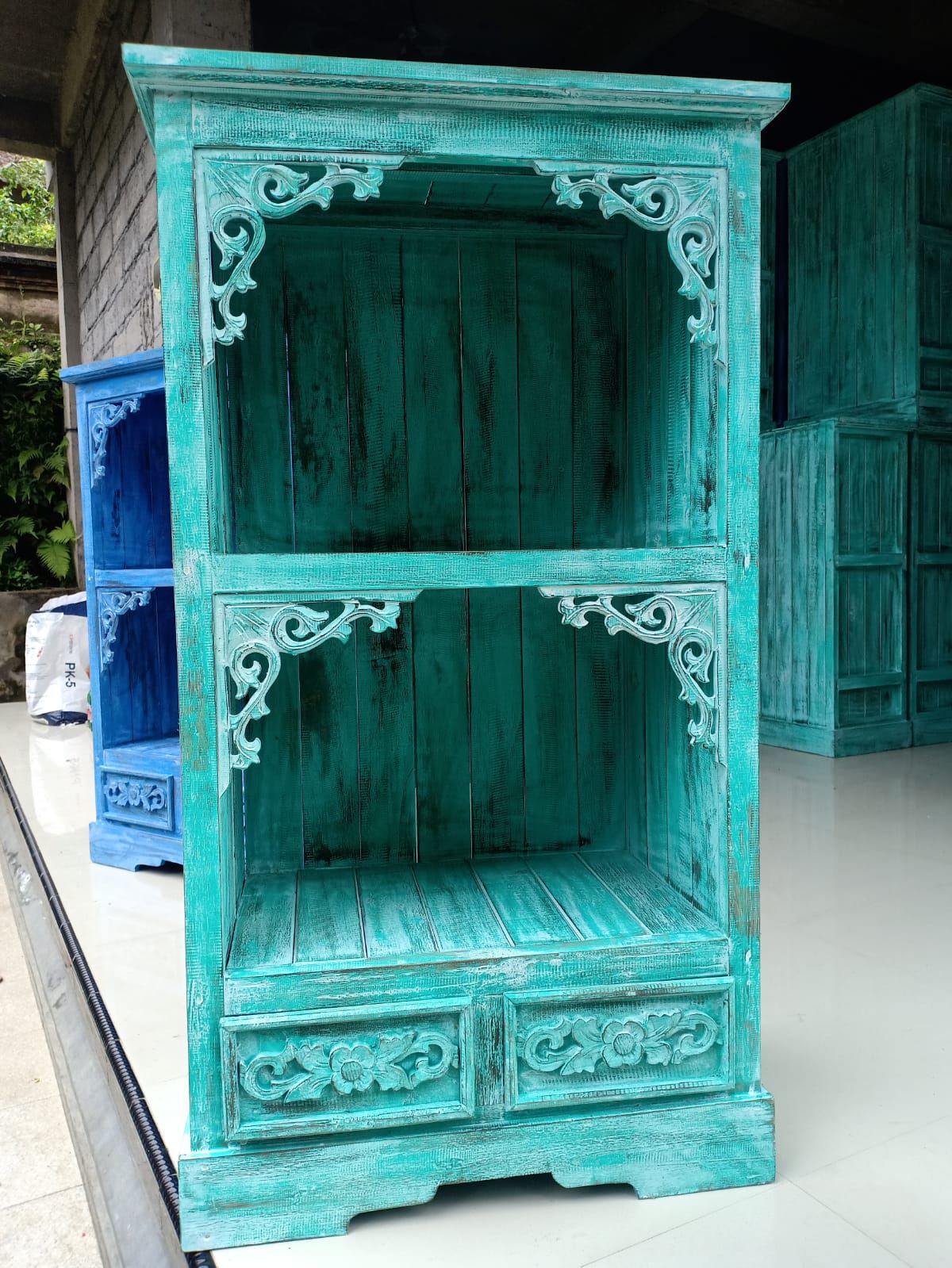 Albasia Bathroom Cabinet with Drawer - Turquoise Wash Finish - 120cm Tall Albasia Bathroom Cabinets - Bath Indulgence