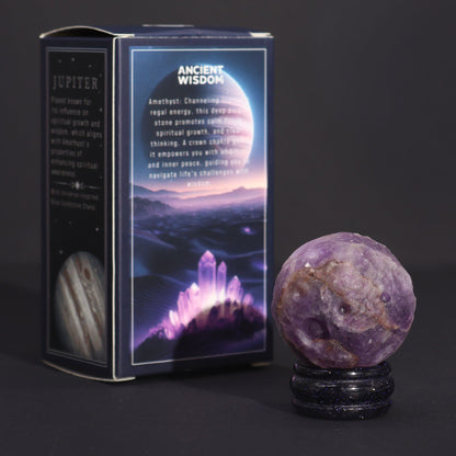 Ametyst Planet on a Sola Goldstone Stand (JUPITER) Gemstone Planets on a Goldstone Stand - Bath Indulgence