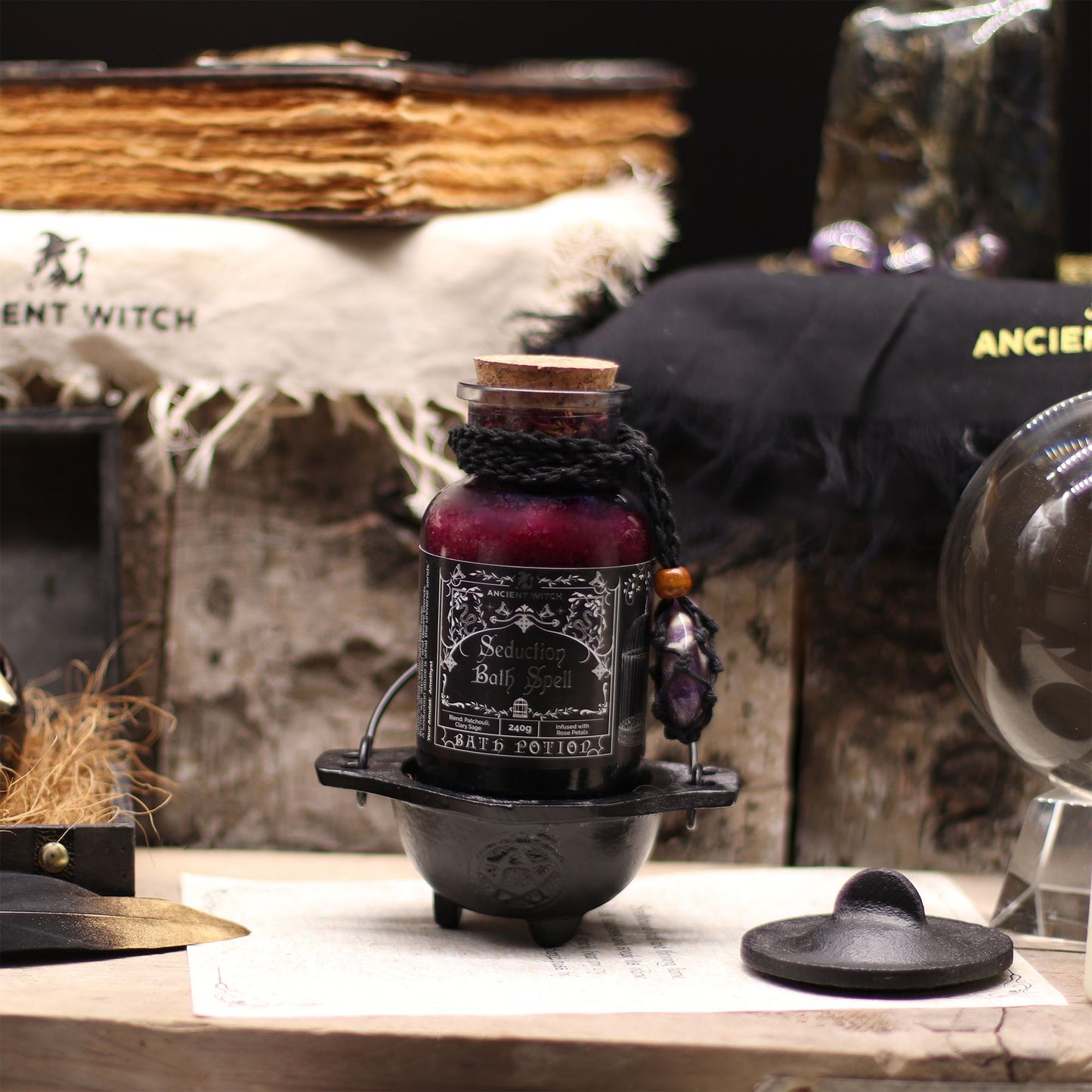 Ancient Witch Bath Spell Potion & Amethyst Crystal Amulet - Seduction Ancient Witch Bath Spell Potions - Bath Indulgence