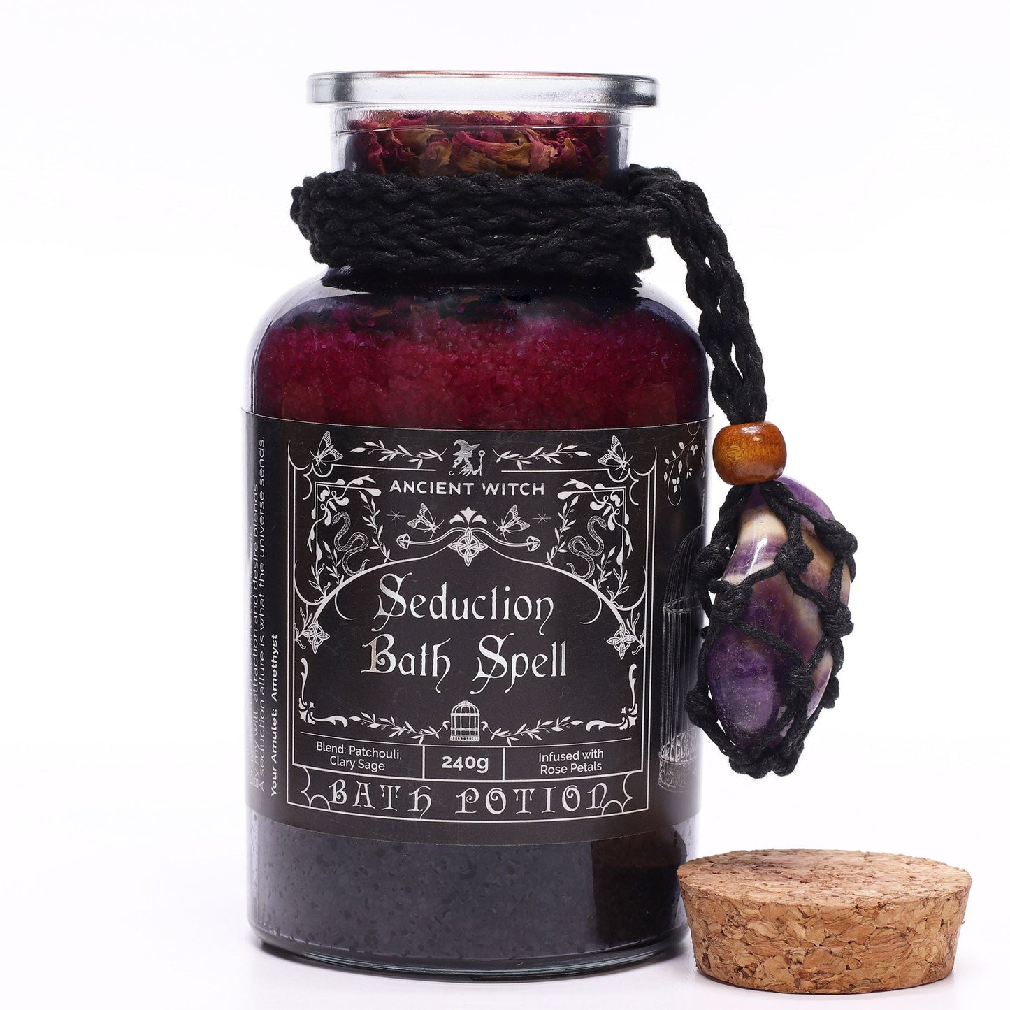 Ancient Witch Bath Spell Potion & Amethyst Crystal Amulet - Seduction Ancient Witch Bath Spell Potions - Bath Indulgence