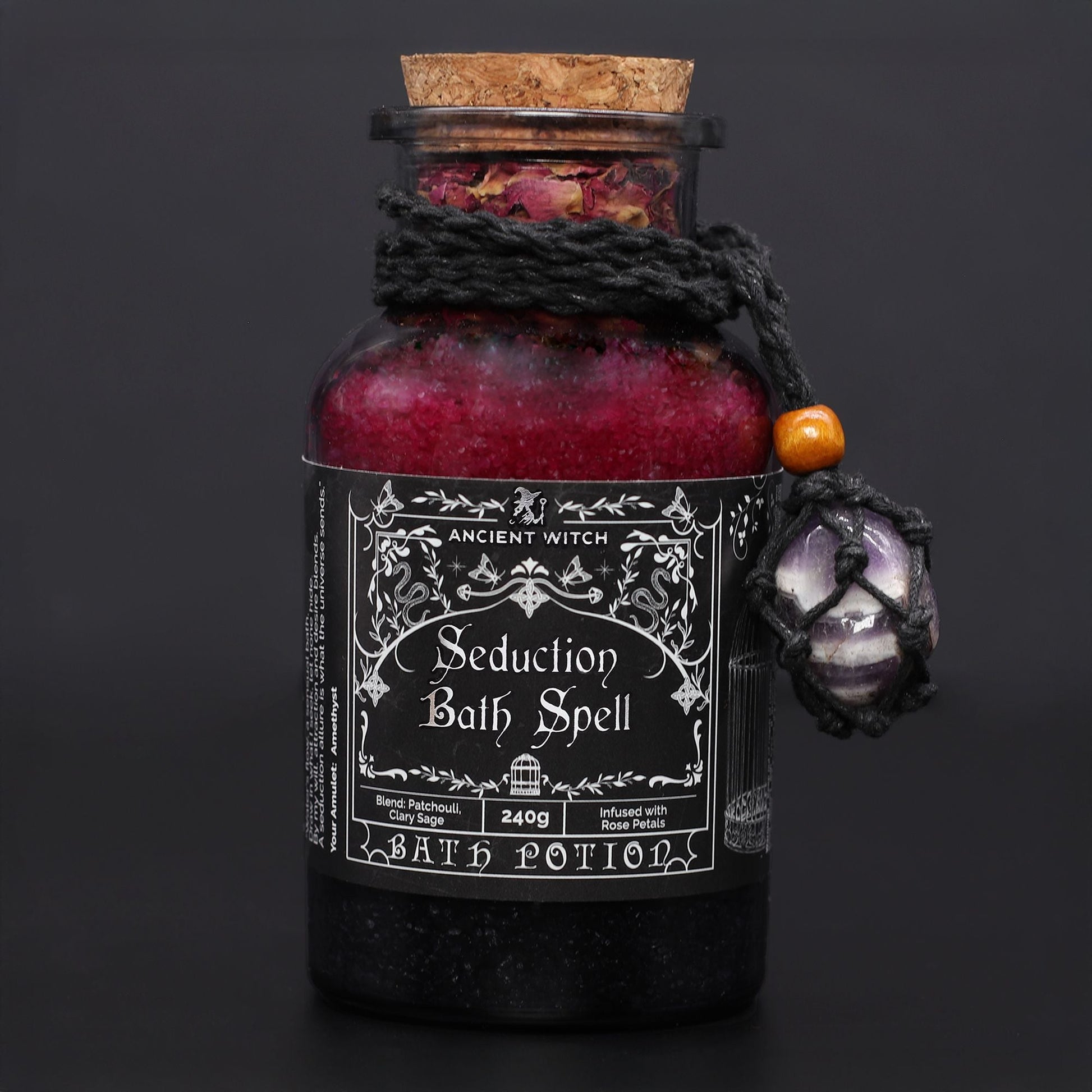 Ancient Witch Bath Spell Potion & Amethyst Crystal Amulet - Seduction Ancient Witch Bath Spell Potions - Bath Indulgence