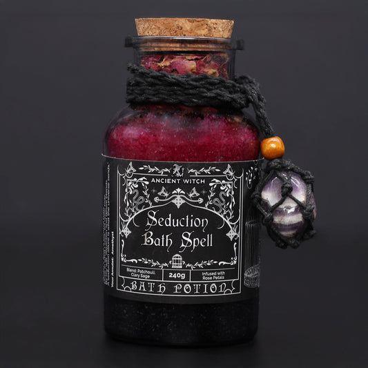 Ancient Witch Bath Spell Potion & Amethyst Crystal Amulet - Seduction Ancient Witch Bath Spell Potions - Bath Indulgence
