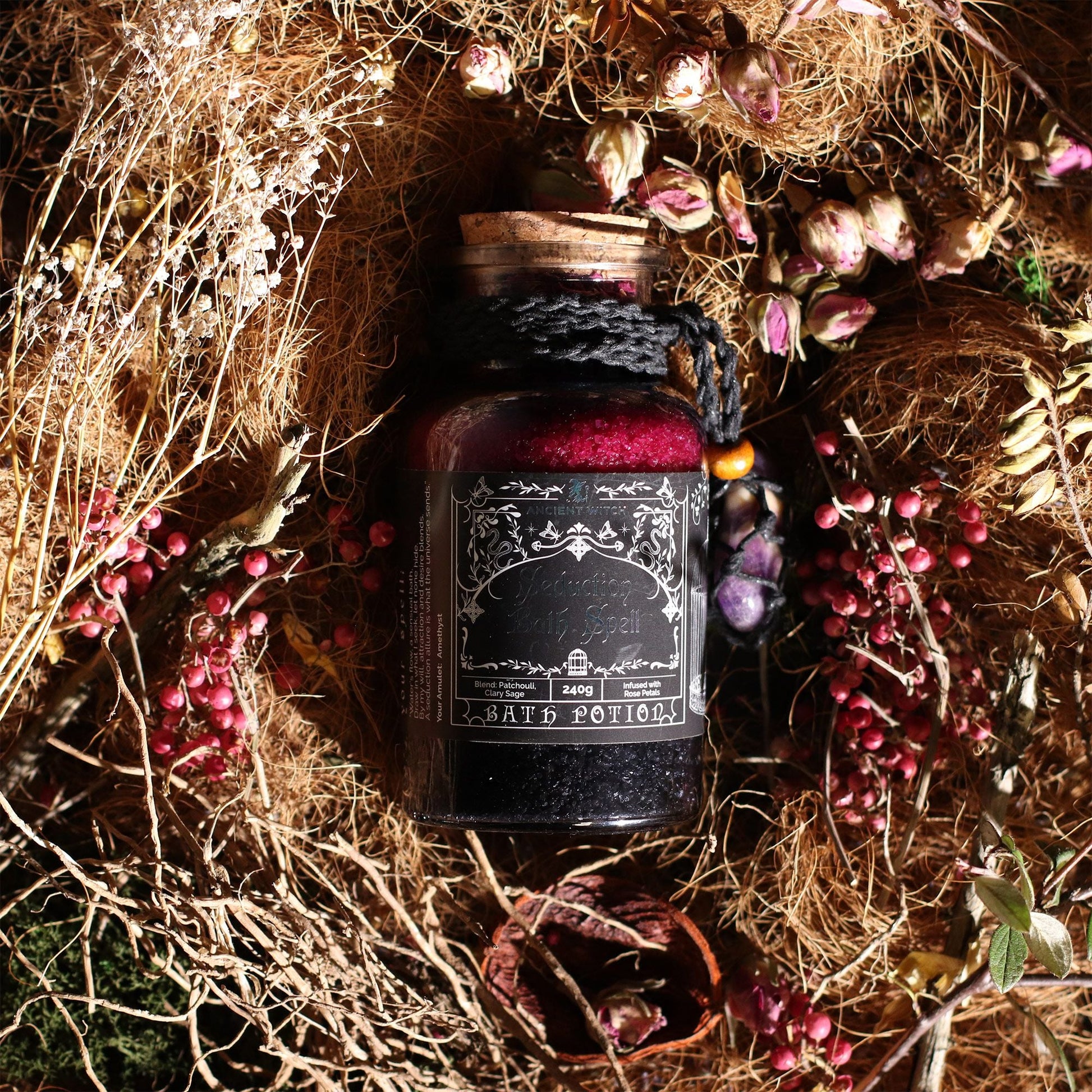Ancient Witch Bath Spell Potion & Amethyst Crystal Amulet - Seduction Ancient Witch Bath Spell Potions - Bath Indulgence