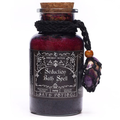 Ancient Witch Bath Spell Potion & Amethyst Crystal Amulet - Seduction Ancient Witch Bath Spell Potions - Bath Indulgence
