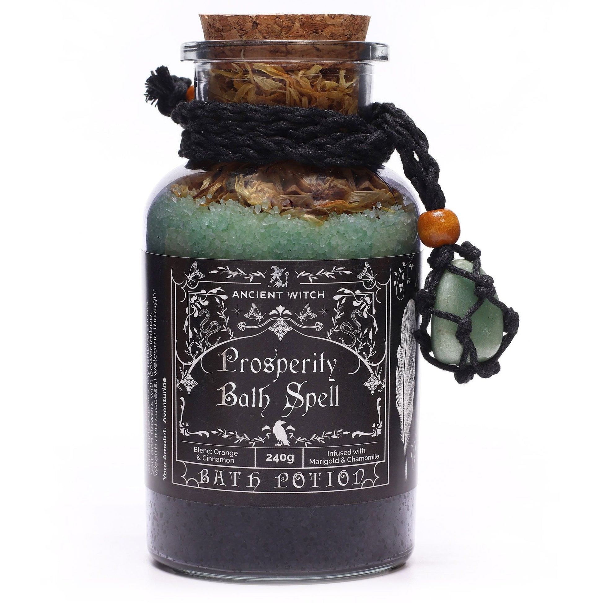 Ancient Witch Bath Spell Potion & Aventurine Crystal Amulet - Prosperity Ancient Witch Bath Spell Potions - Bath Indulgence