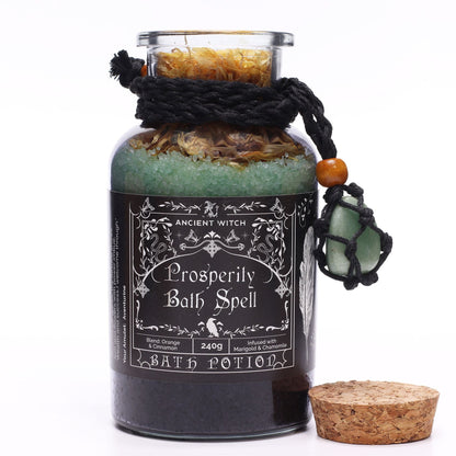 Ancient Witch Bath Spell Potion & Aventurine Crystal Amulet - Prosperity Ancient Witch Bath Spell Potions - Bath Indulgence