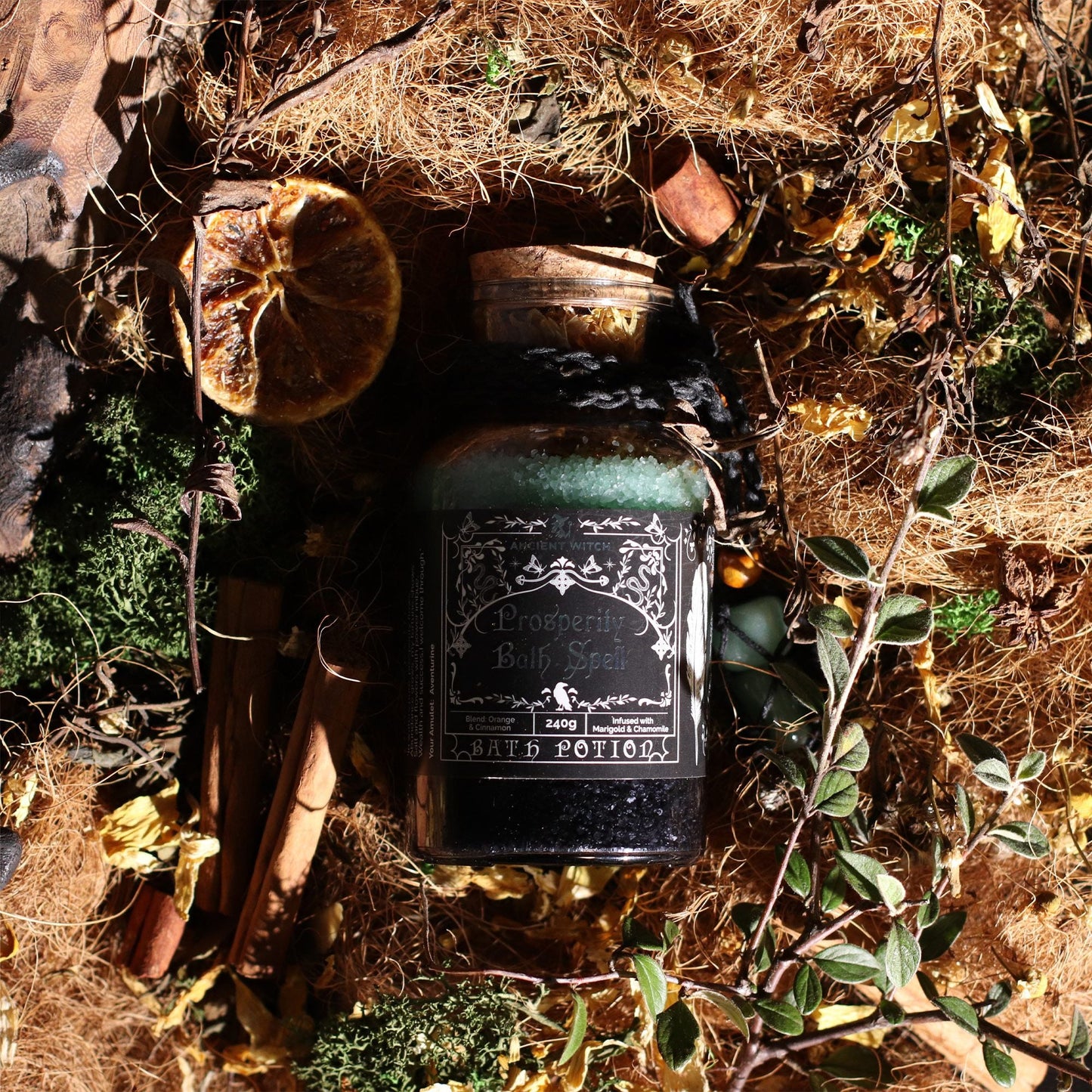 Ancient Witch Bath Spell Potion & Aventurine Crystal Amulet - Prosperity Ancient Witch Bath Spell Potions - Bath Indulgence
