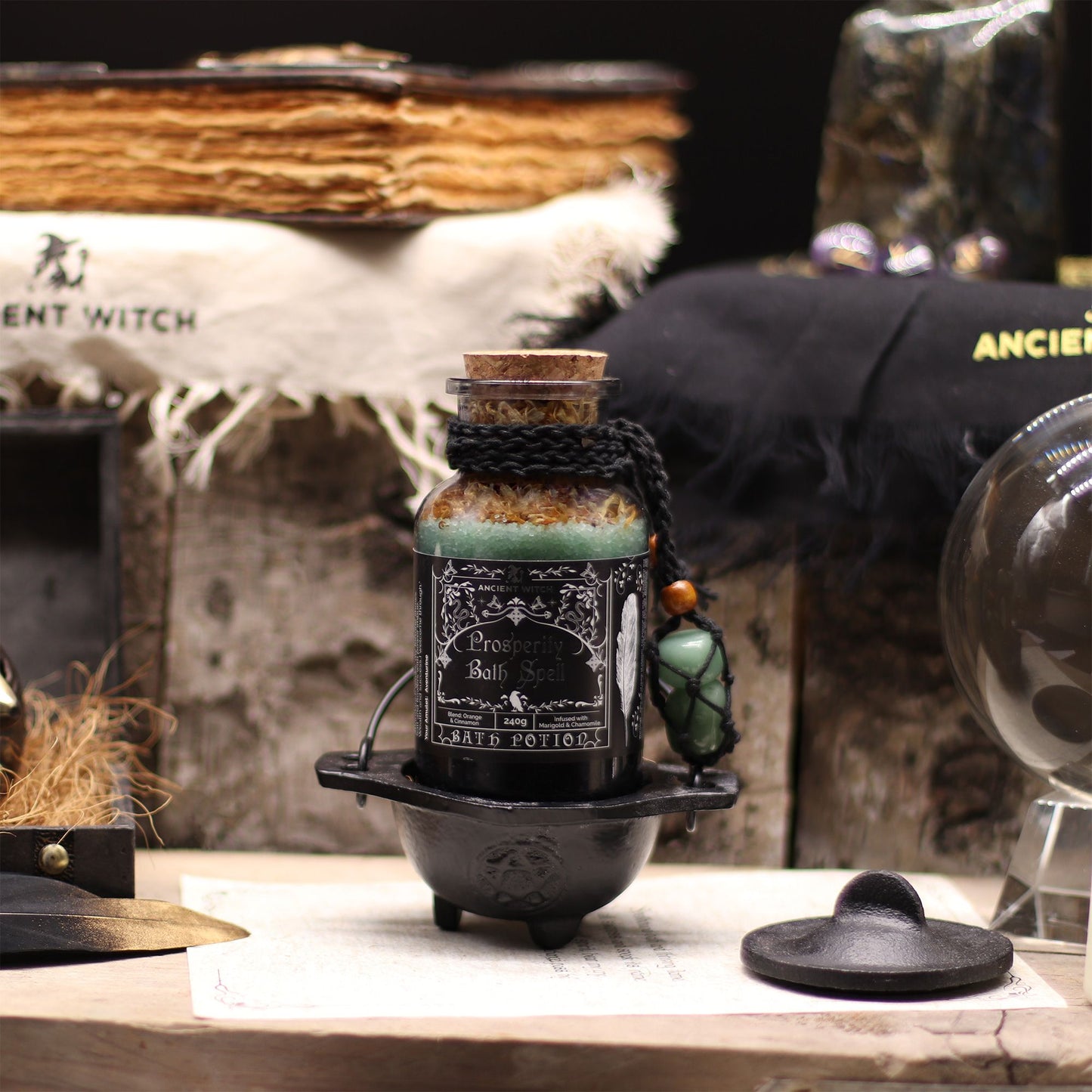 Ancient Witch Bath Spell Potion & Aventurine Crystal Amulet - Prosperity Ancient Witch Bath Spell Potions - Bath Indulgence