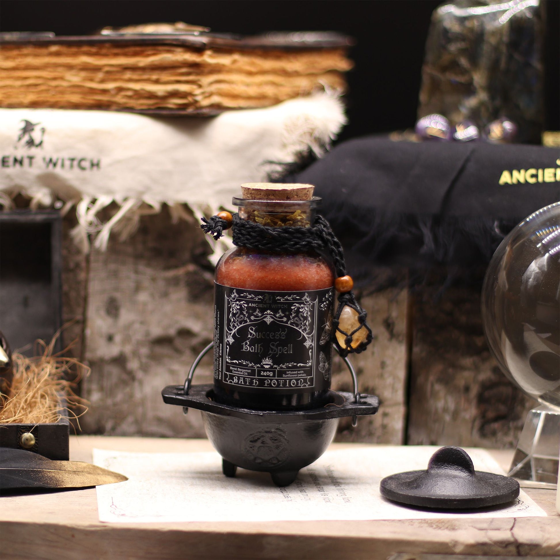 Ancient Witch Bath Spell Potion & Citrine Crystal Amulet - Success Ancient Witch Bath Spell Potions - Bath Indulgence