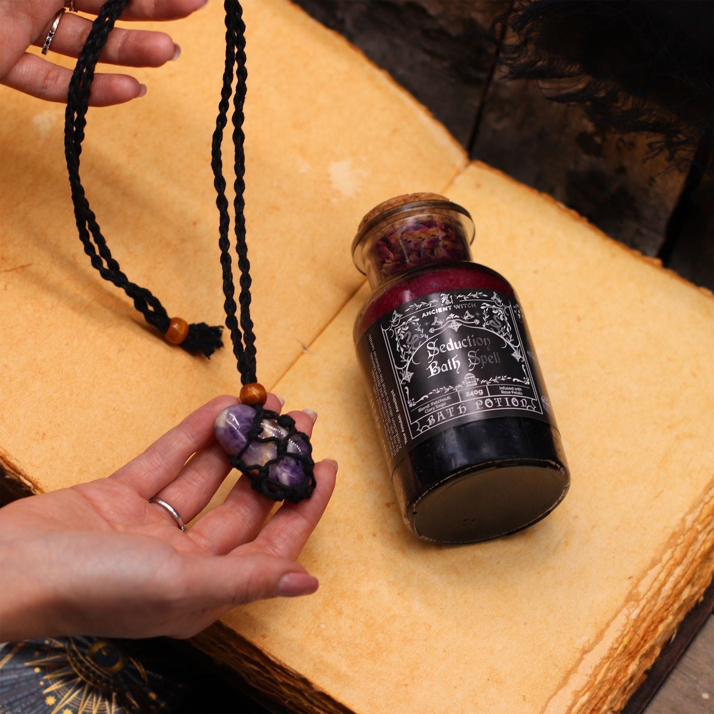 Ancient Witch Bath Spell Potion & Citrine Crystal Amulet - Success Ancient Witch Bath Spell Potions - Bath Indulgence