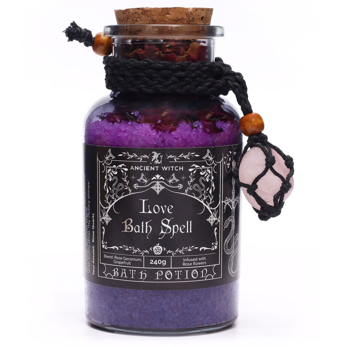 Ancient Witch Bath Spell Potion & Rose Quartz Crystal Amulet - Love Ancient Witch Bath Spell Potions - Bath Indulgence