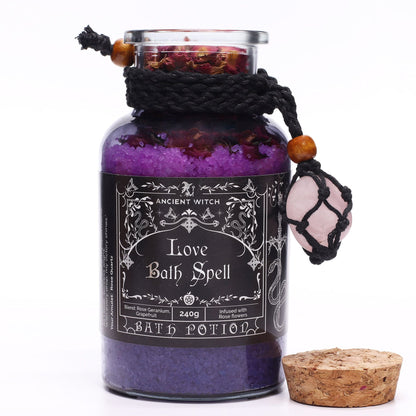Ancient Witch Bath Spell Potion & Rose Quartz Crystal Amulet - Love Ancient Witch Bath Spell Potions - Bath Indulgence