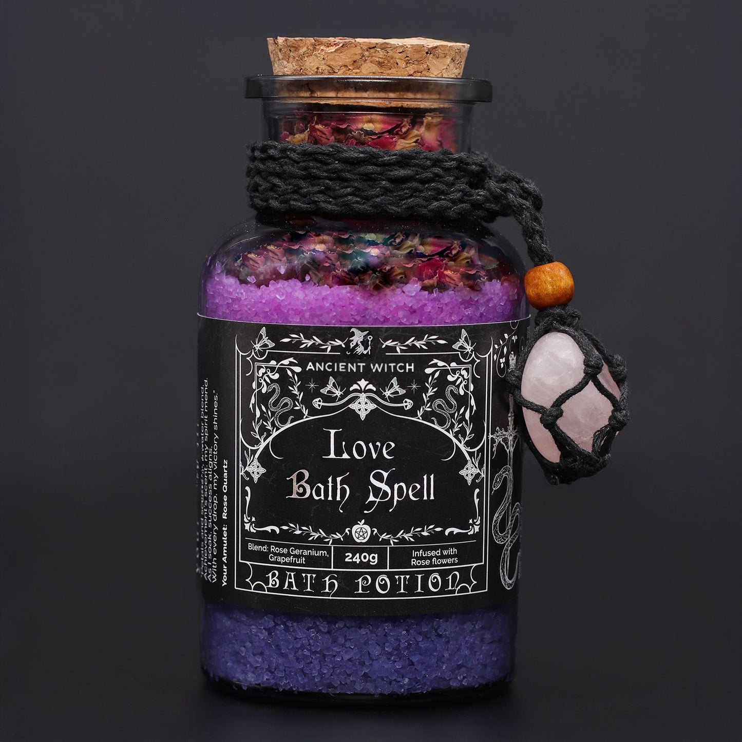 Ancient Witch Bath Spell Potion & Rose Quartz Crystal Amulet - Love Ancient Witch Bath Spell Potions - Bath Indulgence