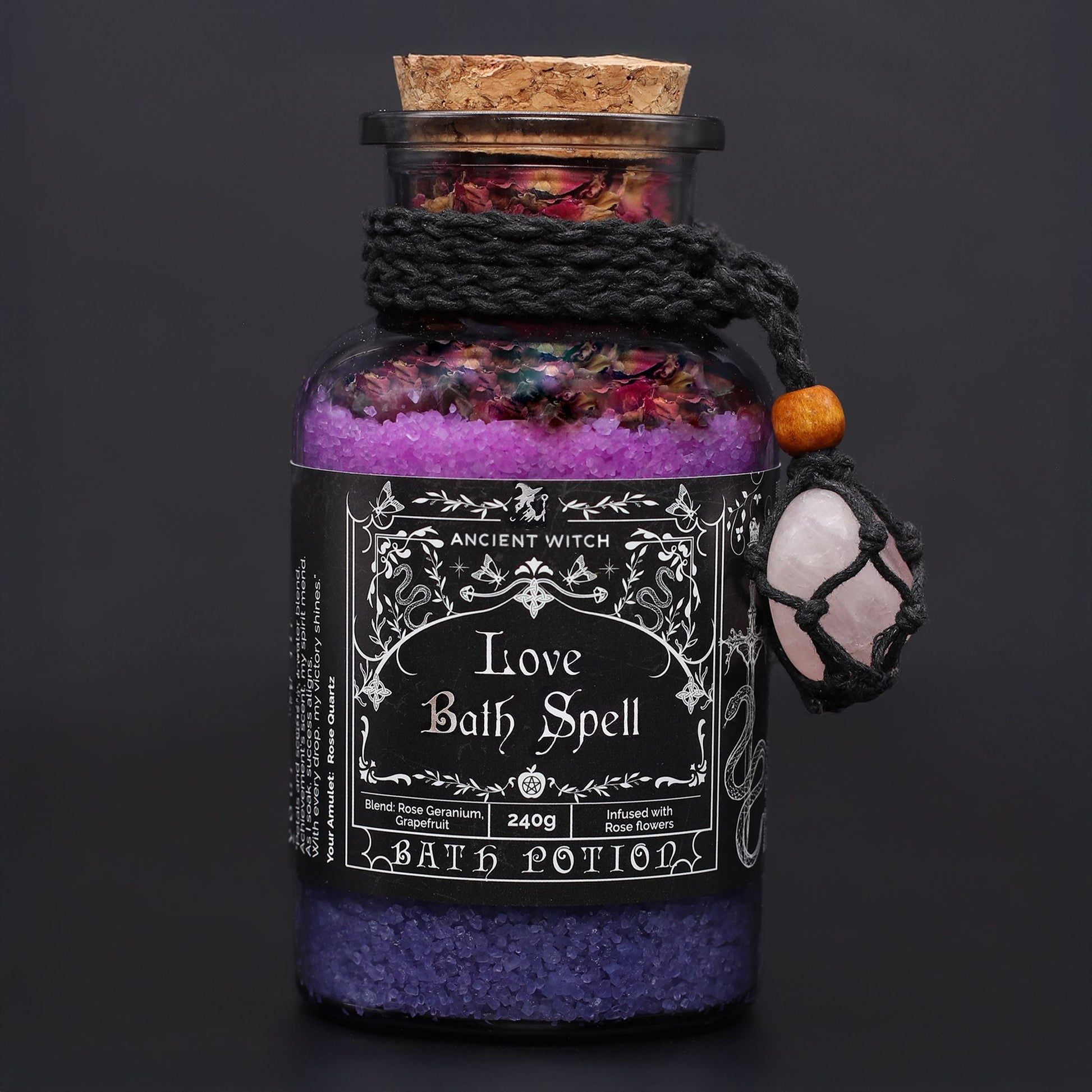 Ancient Witch Bath Spell Potion & Rose Quartz Crystal Amulet - Love Ancient Witch Bath Spell Potions - Bath Indulgence