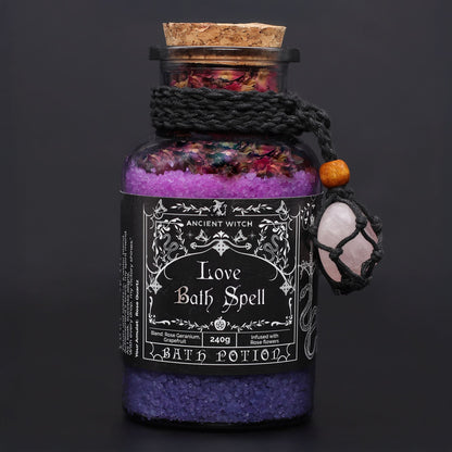 Ancient Witch Bath Spell Potion & Rose Quartz Crystal Amulet - Love Ancient Witch Bath Spell Potions - Bath Indulgence