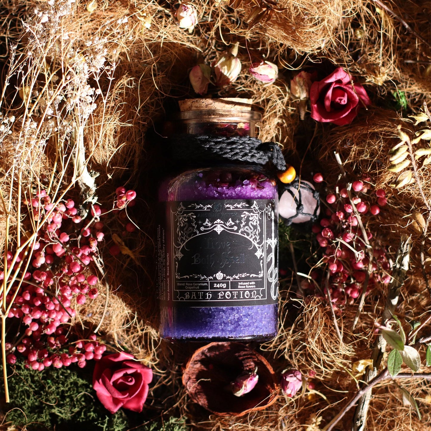 Ancient Witch Bath Spell Potion & Rose Quartz Crystal Amulet - Love Ancient Witch Bath Spell Potions - Bath Indulgence