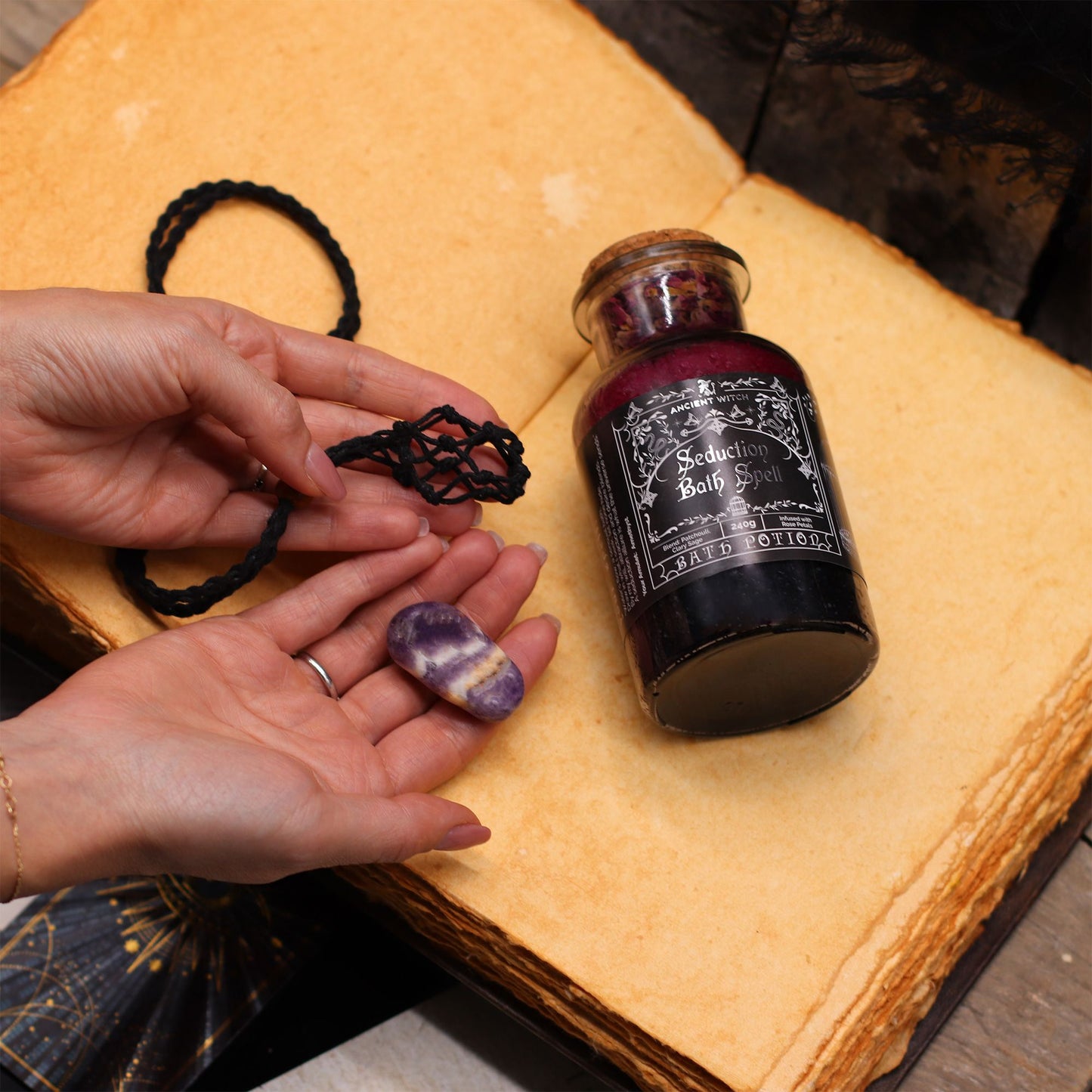 Ancient Witch Bath Spell Potion & Rose Quartz Crystal Amulet - Love Ancient Witch Bath Spell Potions - Bath Indulgence