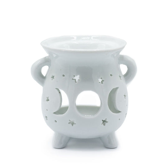 Cauldron Oil Burner - Moon Phase - White Various Shaped Ceramic Oil Burners - Bath Indulgence
