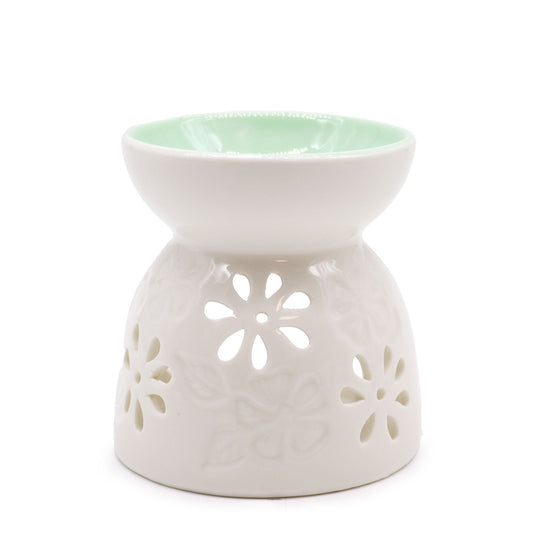 Classic White Oil Burner - Floral with Teal Well Classic White Oil Burners - Bath Indulgence