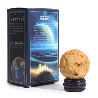 Crazy Lace Jasper Planet on a Sola Goldstone Stand (MERCURY) Gemstone Planets on a Goldstone Stand - Bath Indulgence