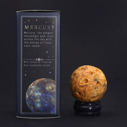 Crazy Lace Jasper Planet on a Sola Goldstone Stand (MERCURY) Gemstone Planets on a Goldstone Stand - Bath Indulgence