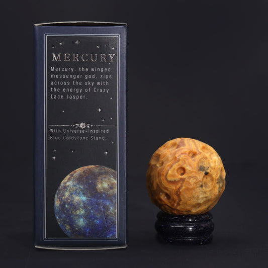 Crazy Lace Jasper Planet on a Sola Goldstone Stand (MERCURY) Gemstone Planets on a Goldstone Stand - Bath Indulgence