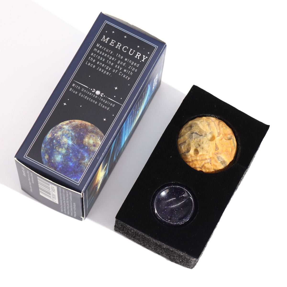 Crazy Lace Jasper Planet on a Sola Goldstone Stand (MERCURY) Gemstone Planets on a Goldstone Stand - Bath Indulgence