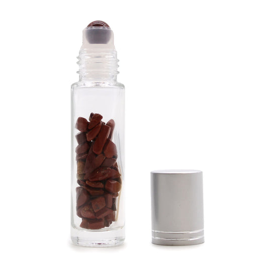 Gemstone Essential Oil Roller Bottle - Red Jasper - Silver Cap Gemstone Roller Bottle and Tips - Bath Indulgence