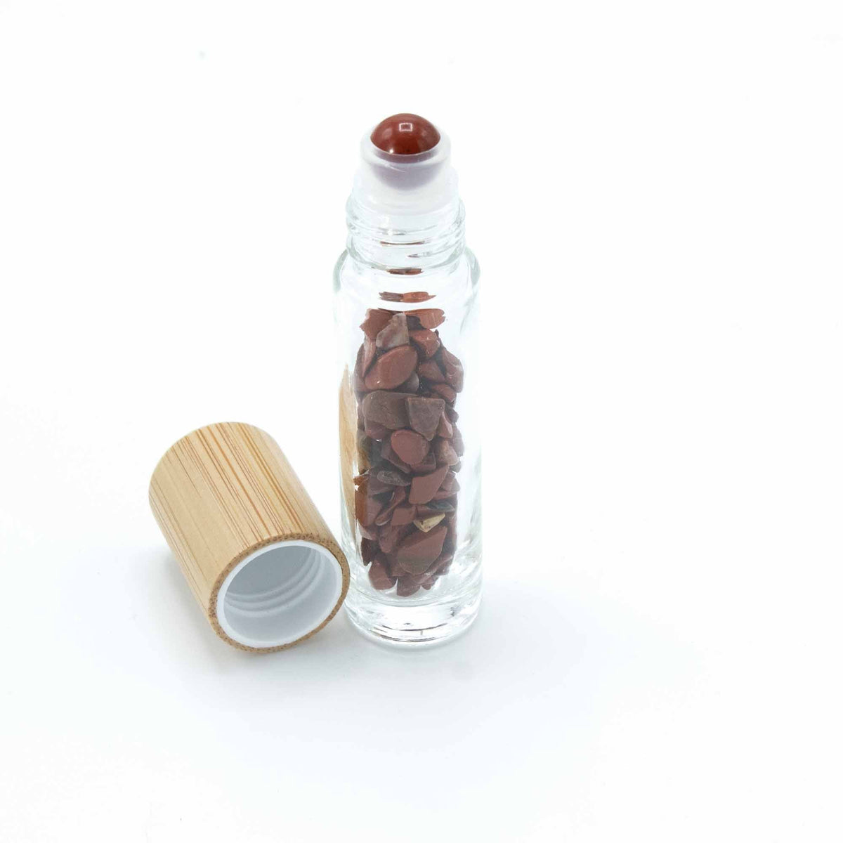 Gemstone Essential Oil Roller Bottle - Red Jasper - Wooden Cap Gemstone Roller Bottle and Tips - Bath Indulgence
