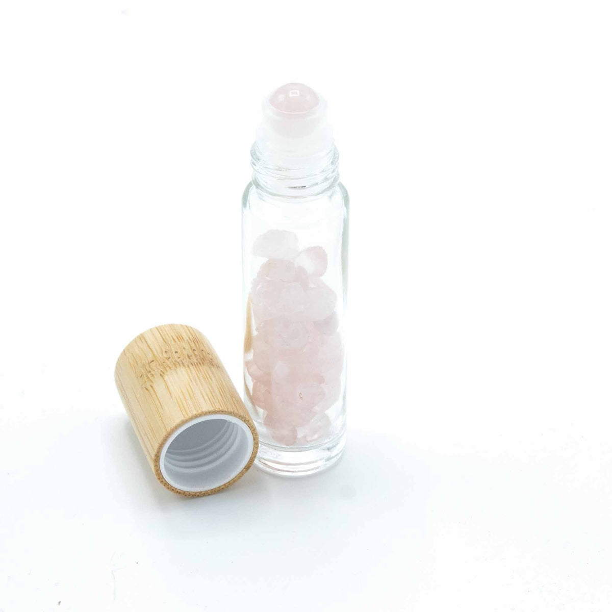 Gemstone Essential Oil Roller Bottle - Rose Quartz - Wooden Cap Gemstone Roller Bottle and Tips - Bath Indulgence