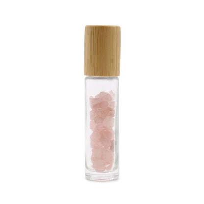 Gemstone Essential Oil Roller Bottle - Rose Quartz - Wooden Cap Gemstone Roller Bottle and Tips - Bath Indulgence