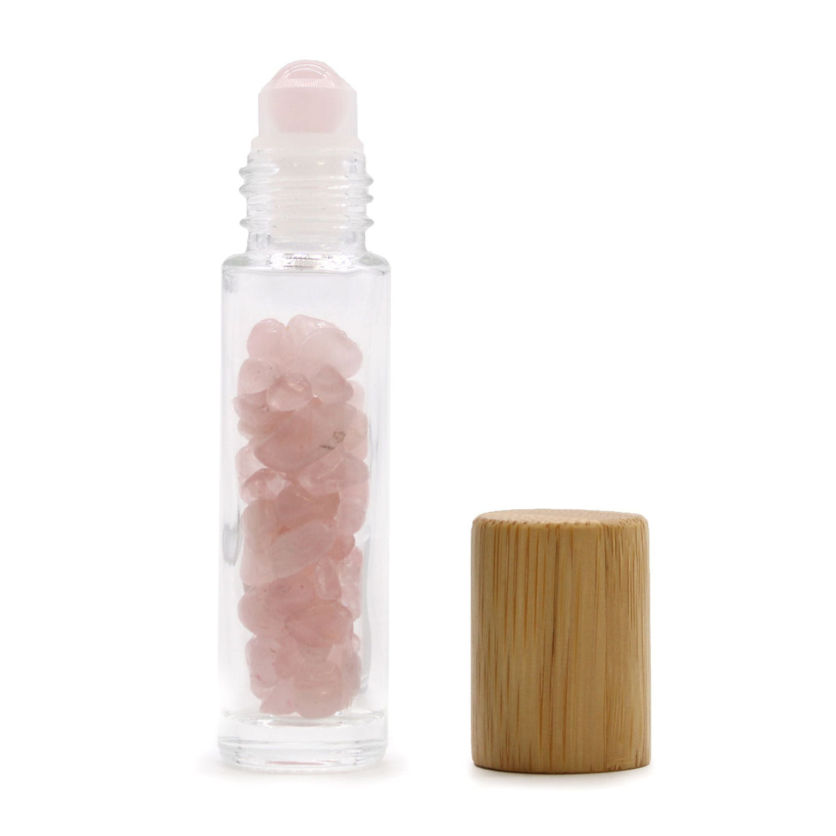 Gemstone Essential Oil Roller Bottle - Rose Quartz - Wooden Cap Gemstone Roller Bottle and Tips - Bath Indulgence