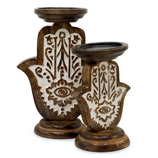 Mango Wood Candle Stand - Hamsa - Large Mango Wood Candle Stands - Bath Indulgence