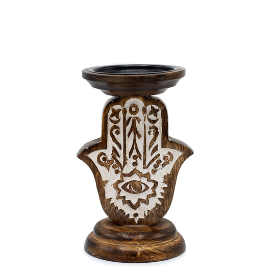 Mango Wood Candle Stand - Hamsa - Small Mango Wood Candle Stands - Bath Indulgence