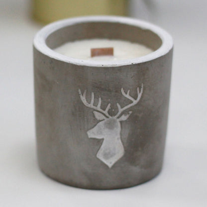 Med Pot - Stag Head - Whiskey & Woodsmoke Concrete Wooden Wick Candle - Bath Indulgence