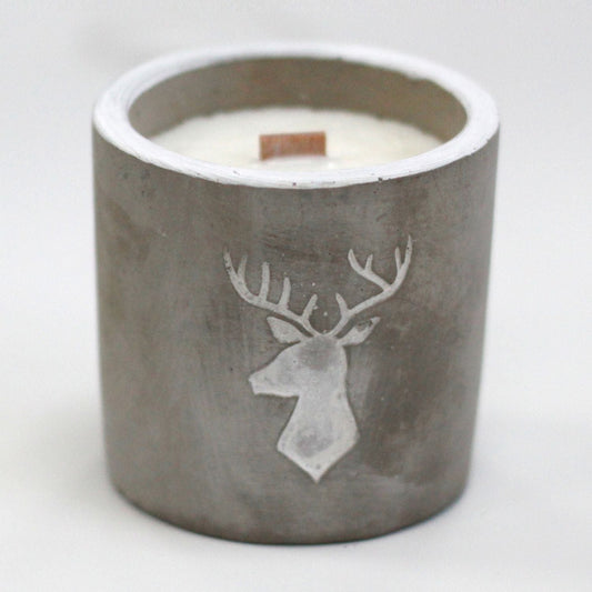Med Pot - Stag Head - Whiskey & Woodsmoke Concrete Wooden Wick Candle - Bath Indulgence
