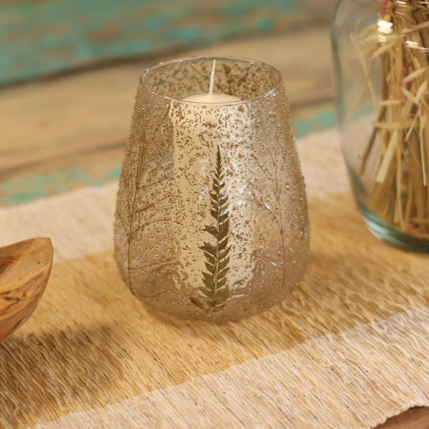 Natural Floral Glass - Large Bowl Candle Holder - Pino - (15x12cm) Natural Floral Glass Candle Holders - Bath Indulgence