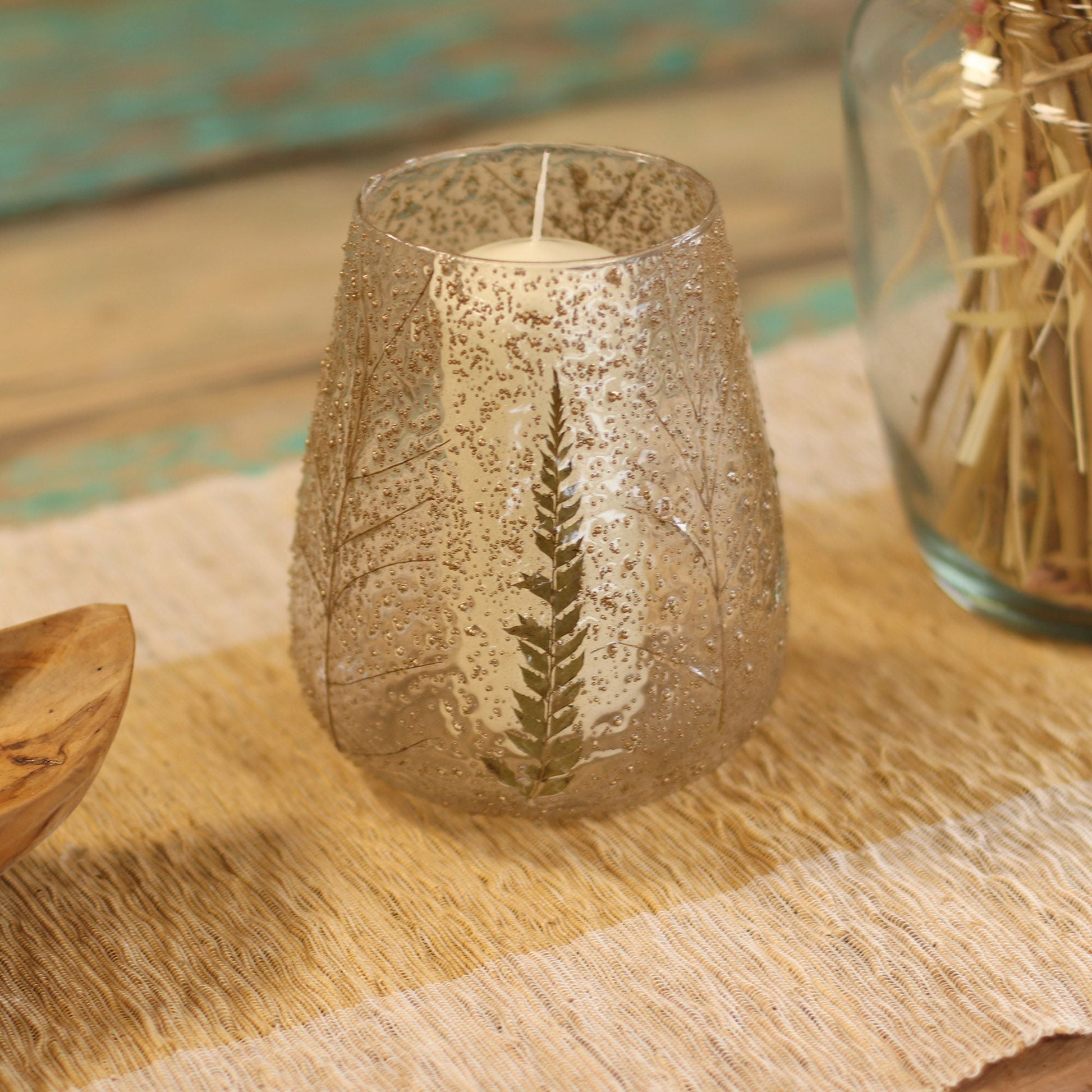 Natural Floral Glass - Large Bowl Candle Holder - Pino - (15x12cm) Natural Floral Glass Candle Holders - Bath Indulgence
